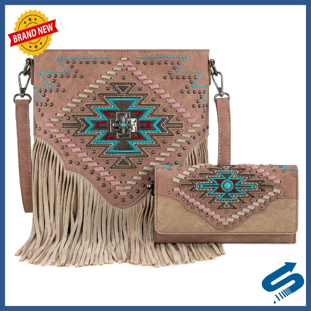 Aztec Fringe Crossbody Bag With Wallet Set, Top Zipper Closure
